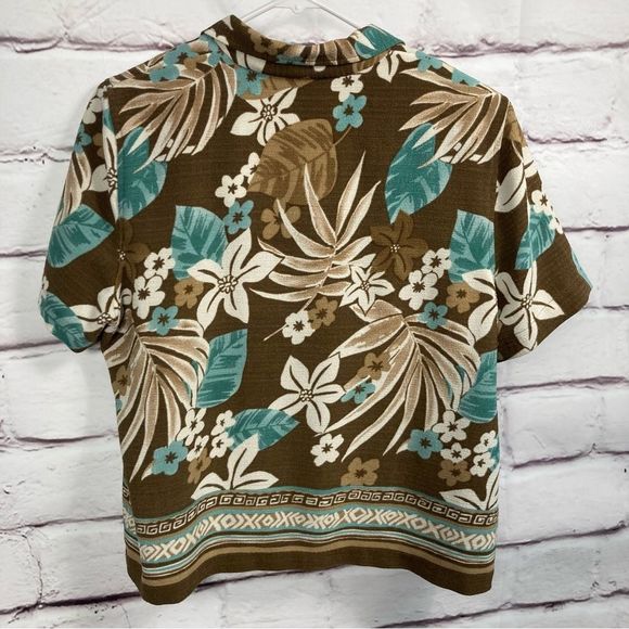 Alfred Dunner Boxy Collard Brown Floral Button Up Short Sleeve Top SZ 14P EUC - Picture 2 of 8